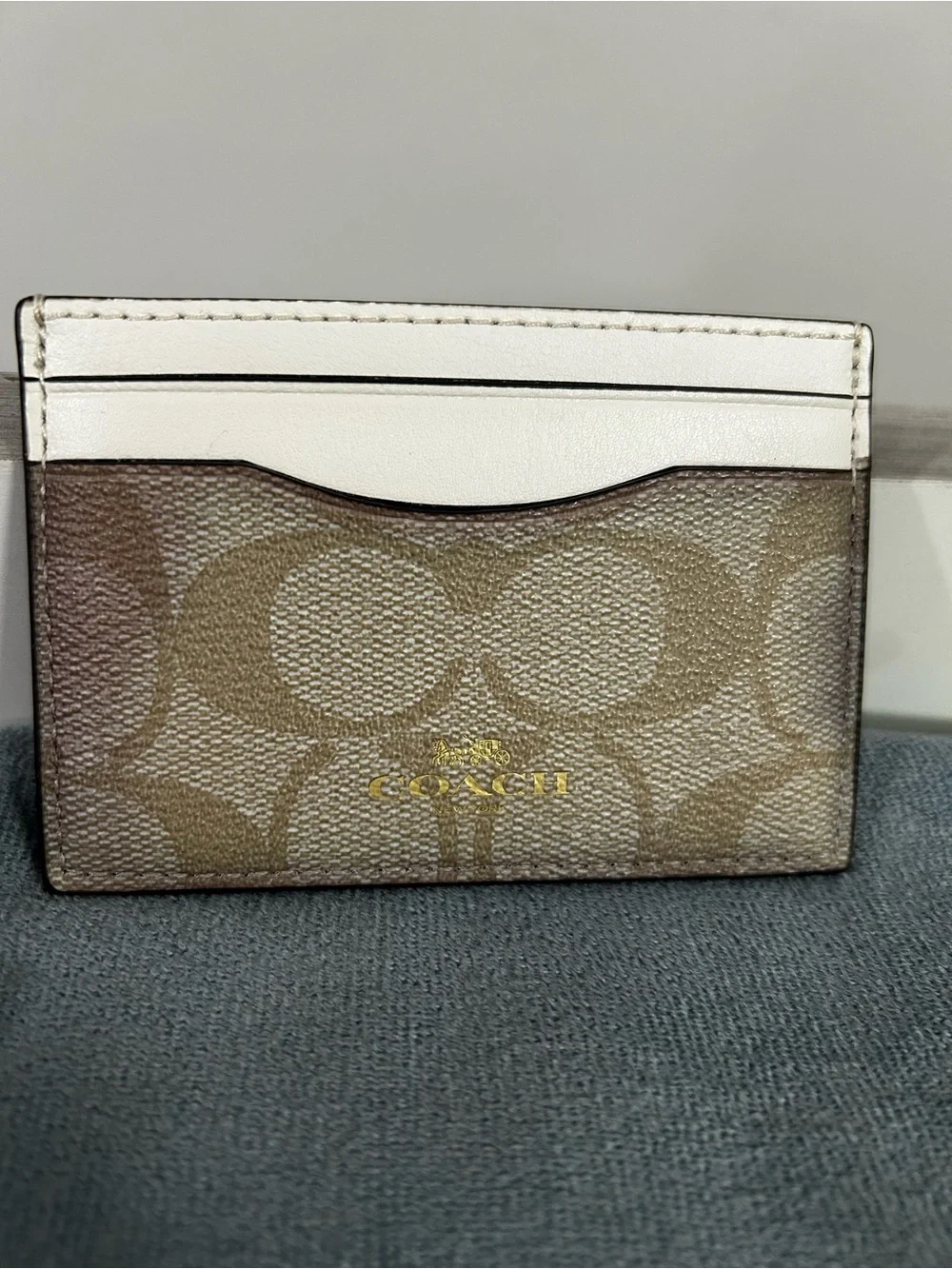 Coach Beige Signature Canvas Card Case with White Leather